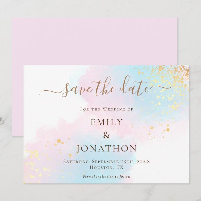Save The Date Pastel Aquarelles bleu or rose Mariage (Devant / Derrière)