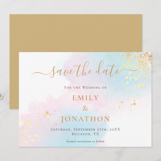 Save The Date Pastel Aquarelles Bleu rose Mariage or (Devant / Derrière)