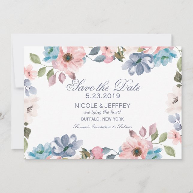Save The Date Pastel Blue rose violet mariage Enregistrer la dat (Devant)