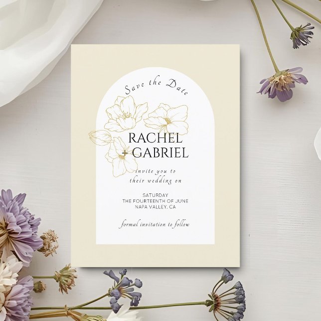 Save The Date Pastel Jaune | Boho Arch Gold Floral Mariage (Créateur téléchargé)
