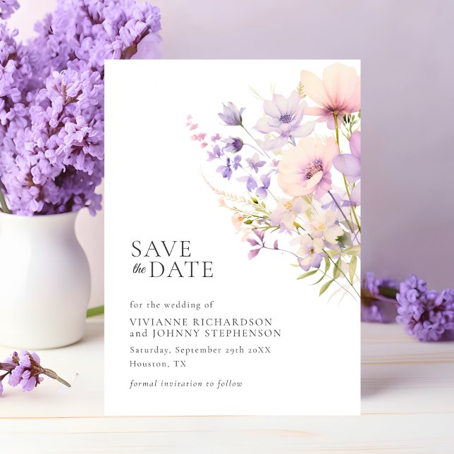 Save The Date Pastel Lavender Violet Violet Fleurs sauvages Mari (Pastel Lavender Purple Violet Wild Flowers Wedding Save The Date)