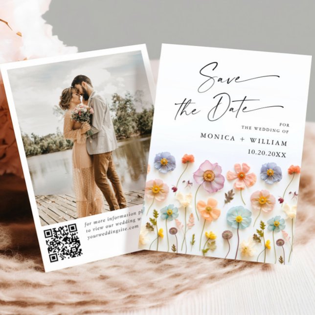 Save The Date Pastel Pink Boho Fleur sauvage code QR Mariage Pho (Créateur téléchargé)