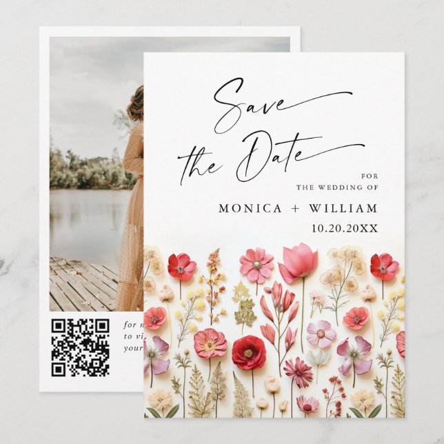 Save The Date Pastel Pink Boho Fleur sauvage code QR Mariage Pho (Devant / Derrière)