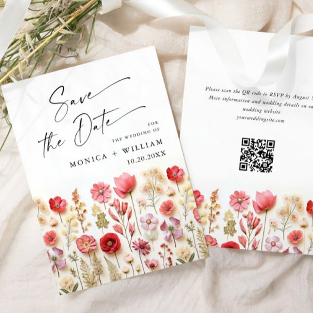Save The Date Pastel Pink Boho Wild Flowers Mariage code QR (Créateur téléchargé)