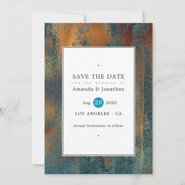 Save The Date Patina en cuivre de Grunge et Mariage Turquoise (Devant)