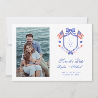 Save The Date Patriotic Crest w/ US Flags | Monogram