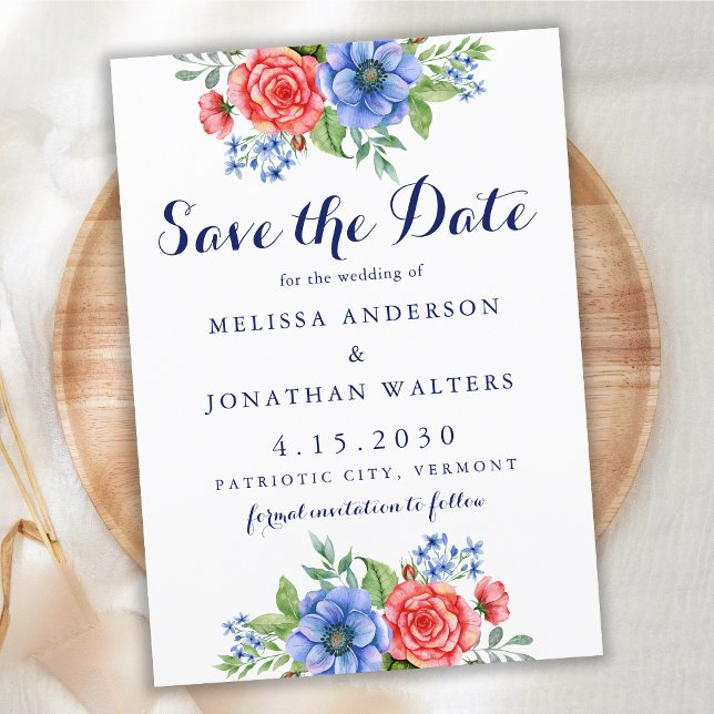 Save The Date Patriotique Floral Rouge Bleu Blanc 4 Juillet Mari (Créateur téléchargé)