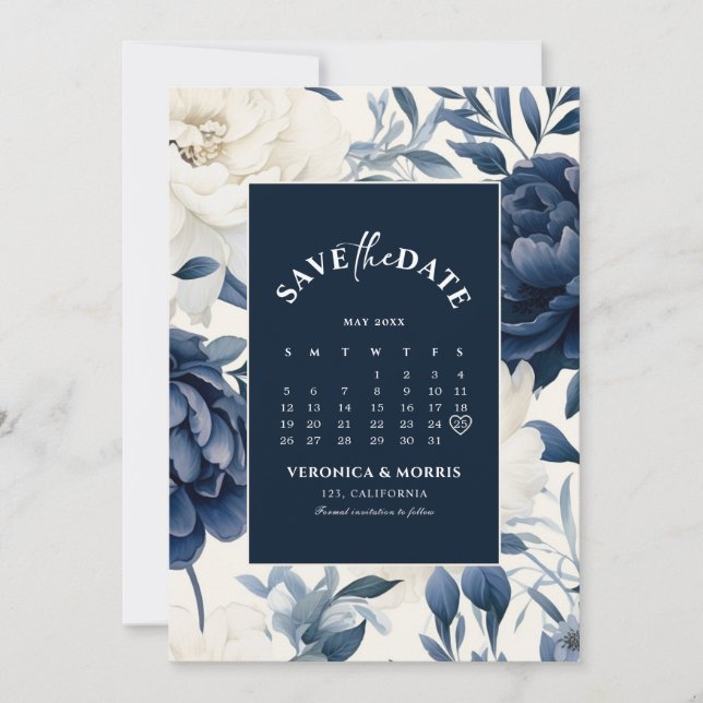 Save The Date Pavé bleu marine et blanc calendrier d'aquarelle f (Devant)