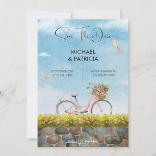 Save The Date Paysage de mariage à vélo sous le ciel bleu 