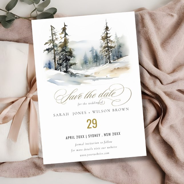 Save The Date Paysage de mariage de pins d'hiver chic neige (Créateur téléchargé)
