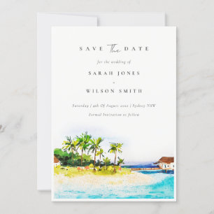 Save The Date Paysage marin aux palmiers tropicaux Plage Aquarel