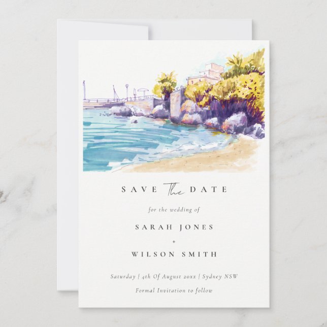 Save The Date Paysage marin sablonneux côtier chic en aquarelle (Devant)