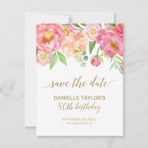 Save The Date Peach and Pink Peony Flowers 80th Birthday