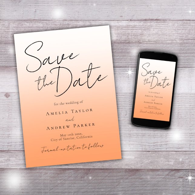 Save The Date Peach Orange Fuzz Elegant Minimal Script Mariage (Créateur téléchargé)