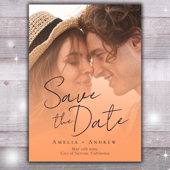Save The Date Peach Orange Fuzz Photo Elegant Script Mariage (Créateur téléchargé)