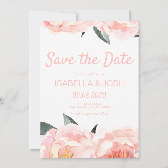 Save The Date Peach Pink Peony moderne Floral Sauvez la date (Devant)