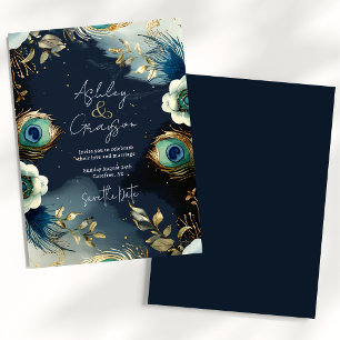 Save The Date Peacock Céleste Plumes Mariage élégant