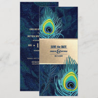 Save The Date. Peacock Feather Navy Blue Gold