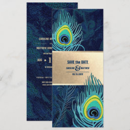 Save The Date. Peacock Feather Navy Blue Gold Einladung