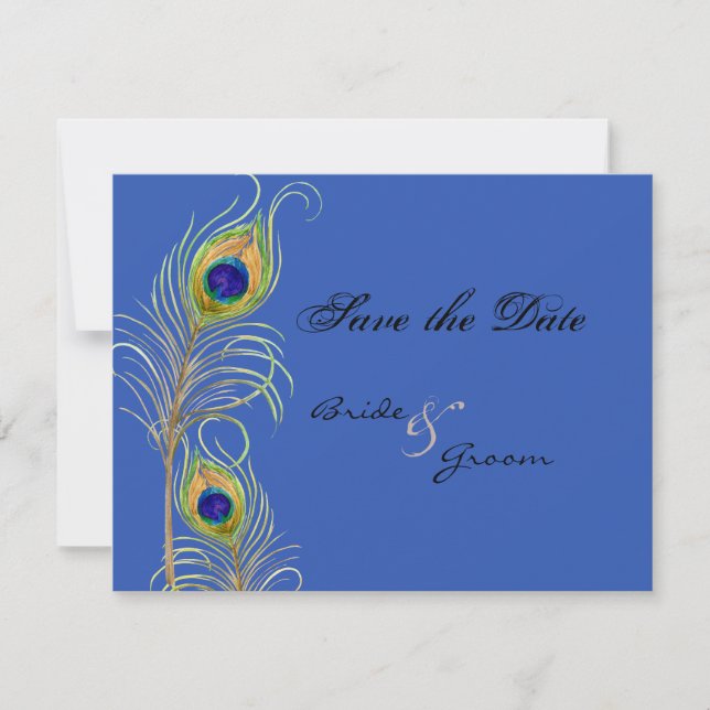 Save The Date Peacock Feathers Enregistrer la date Blue Invitati (Devant)