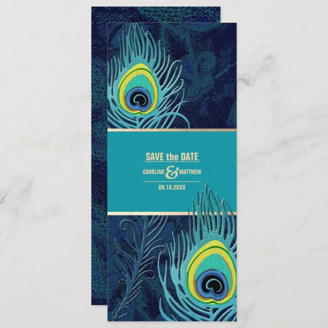 Save The Date. Peacock Navy Blue Gold Wedding Einladung (Vorne/Hinten)