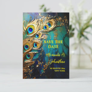 Save The Date Peacock plumes 3D art irisé élégant