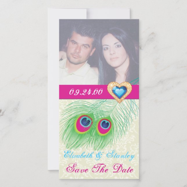 Save The Date Peacock plumes bijou coeur mariage Enregistrer la  (Devant)