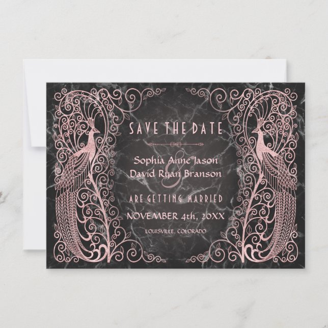 Save The Date Peacocks Art Déco En Marbre D'Or rose Enregistrer  (Devant)