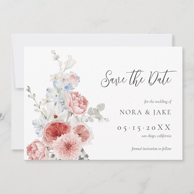 Save The Date Pêche Bleu Dusty Floral Enregistrer La Date (Devant)