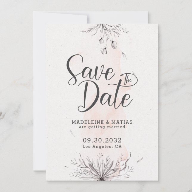 Save The Date Pêche & gris floral romantique mariage élégant (Devant)
