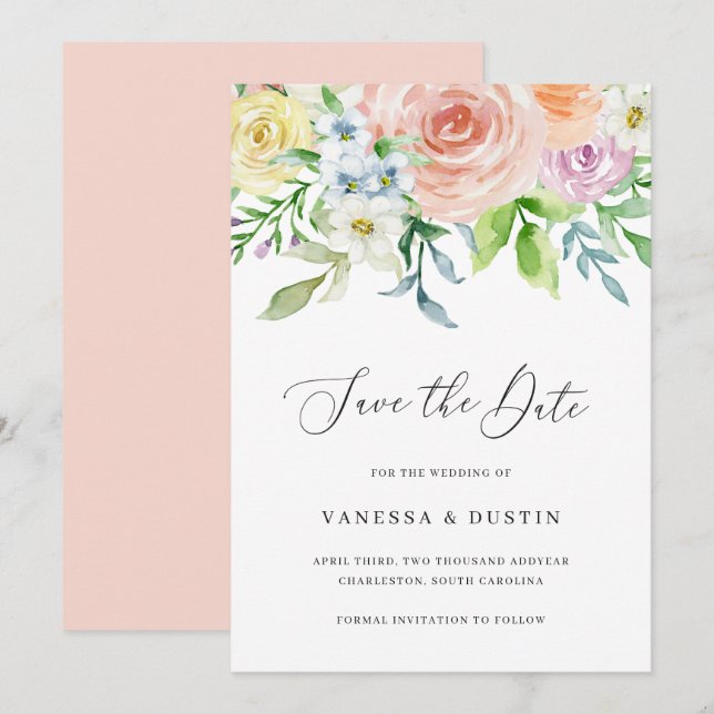 Save The Date Pêche moderne Floral Non Photo Mariage élégant (Devant / Derrière)