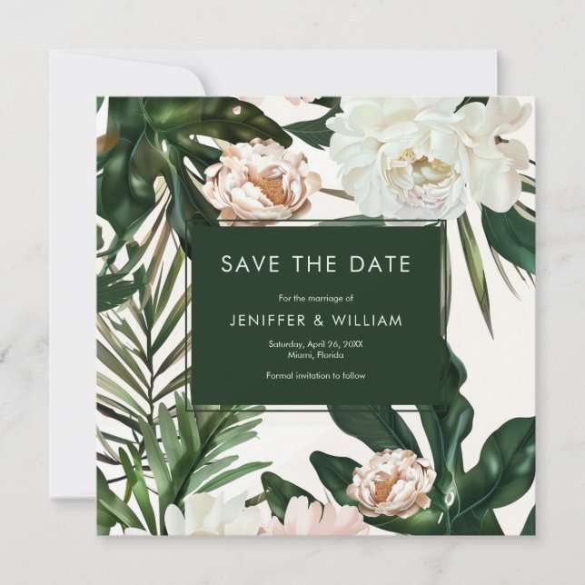 Save The Date Pêcher les pivoines blanches et Feuilles verts Mar (Devant)