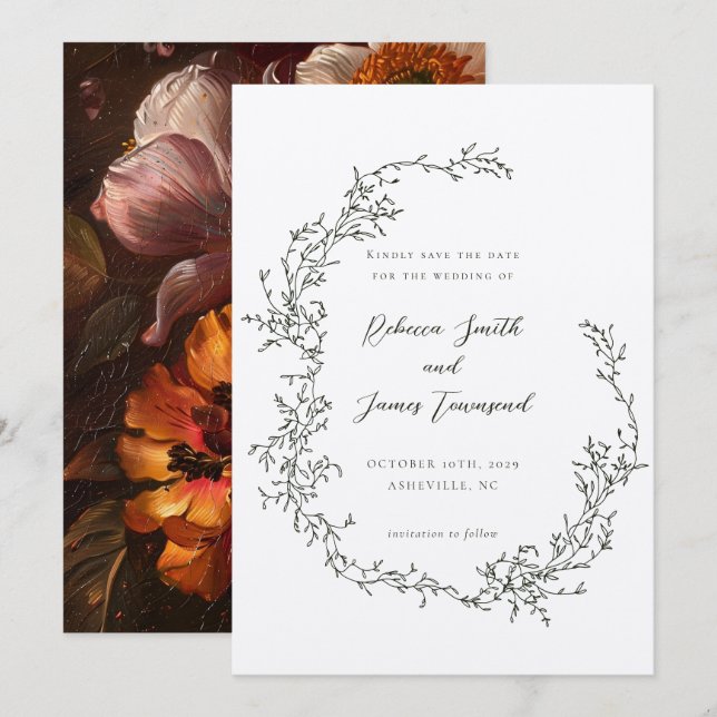 Save The Date Peinture de la couronne botanique Mariage d'olivie (Devant / Derrière)