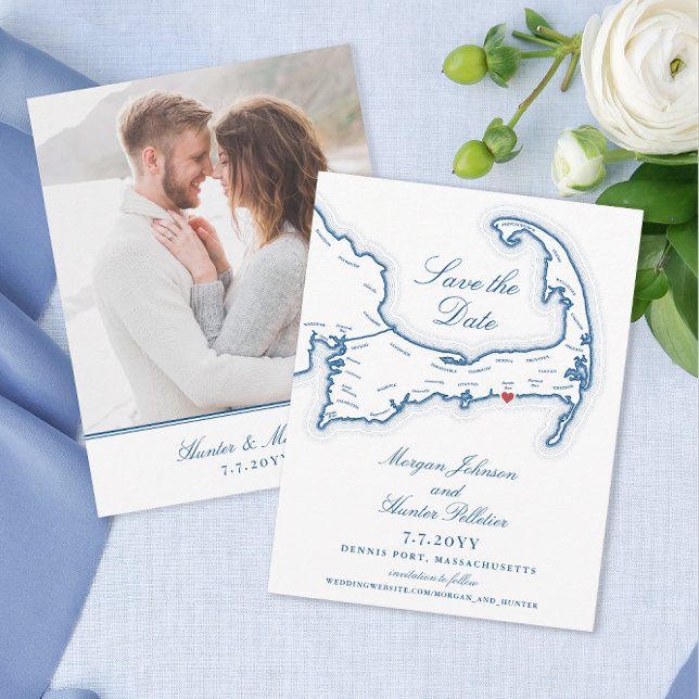 Save The Date Pelham House Dennis Port Cape Cod Mariage bleu (Pelham House Resort Dennis Port MA Wedding Save the Date with Cape Cod Map in elegant navy blue)