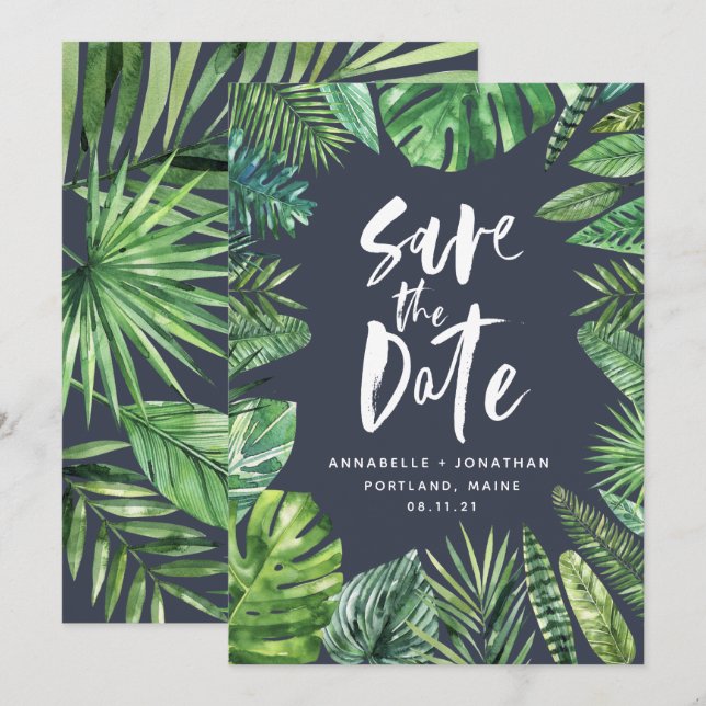 Save The Date Pellicule de feuille de palme tropicale aquarelle  (Devant / Derrière)