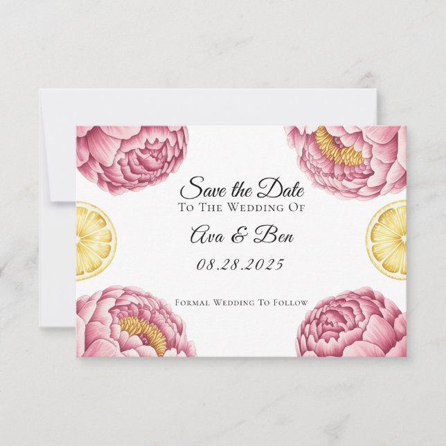 Save The Date Peonées roses et Mariage citron (Devant)