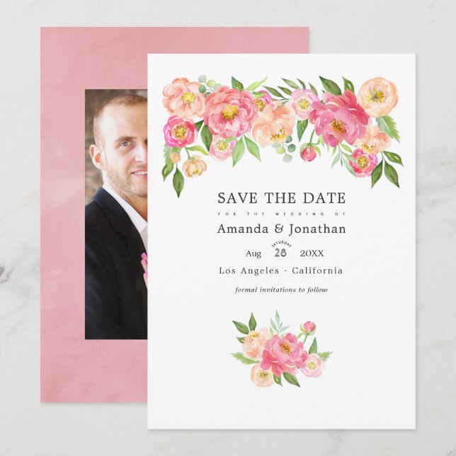 Save The Date Peonies d'aquarelle rose Pastel Photo Mariage (Devant / Derrière)