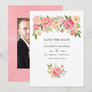 Save The Date Peonies d'aquarelle rose Pastel Photo Mariage