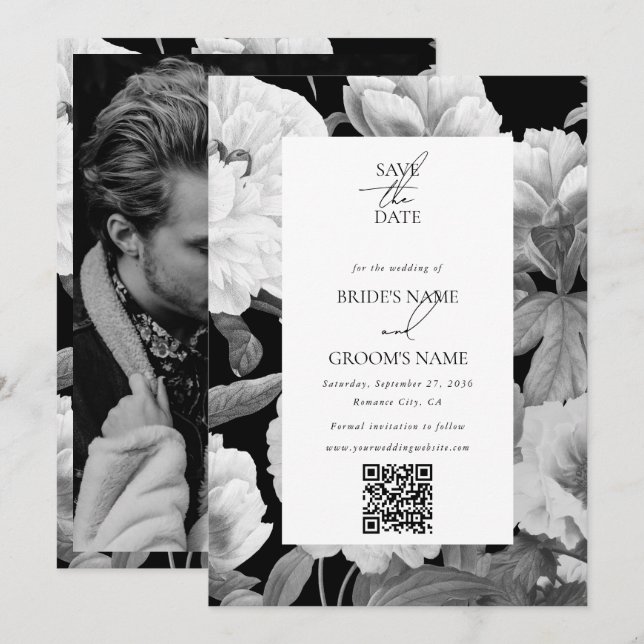 Save The Date Peonies noires et blanches Photo Mariage Floral (Devant / Derrière)