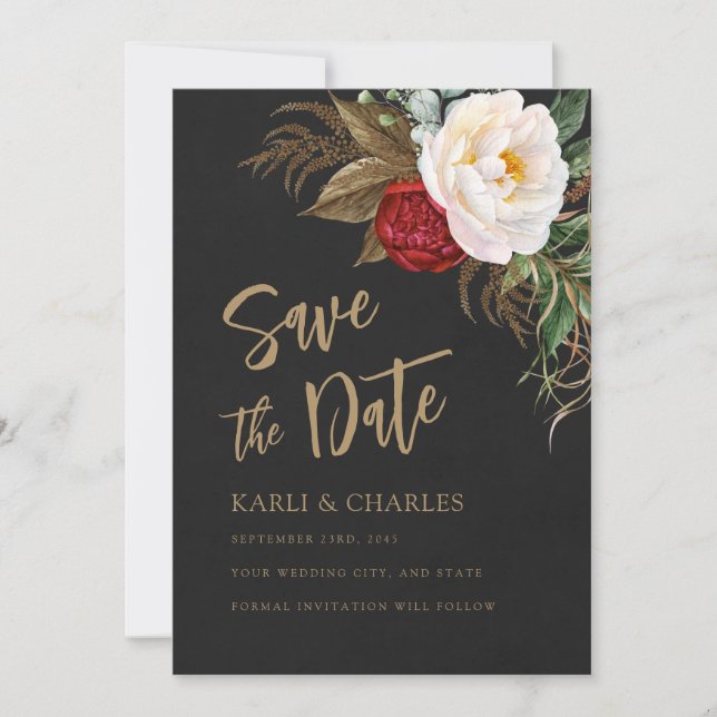 Save The Date Peonies romantiques Boho noir & or Script (Devant)