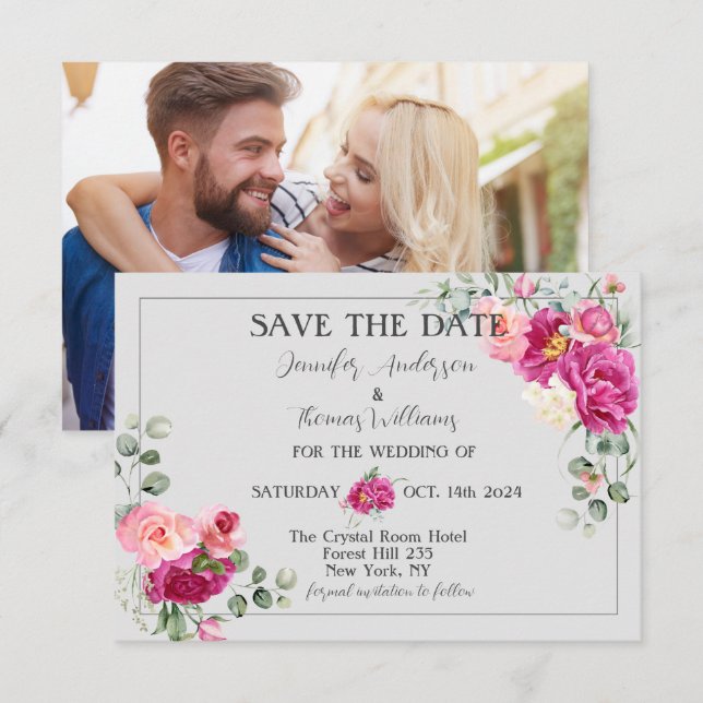 Save The Date Peony et verdure Rose Sauvez la date (Devant / Derrière)