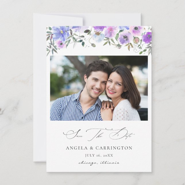 Save The Date Peri & Purple Floral Enregistrer la photo Date (Devant)
