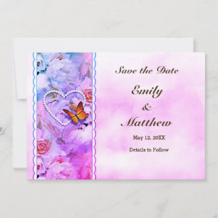 Save The Date Perles de coeur papillon rose sérénité florale Ros