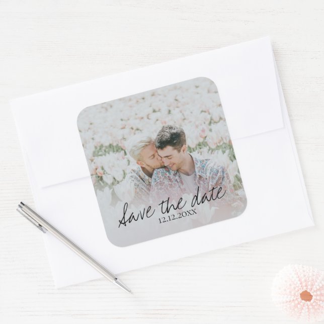Save the Date Personalisiertes Foto Quadratischer Aufkleber (Umschlag)