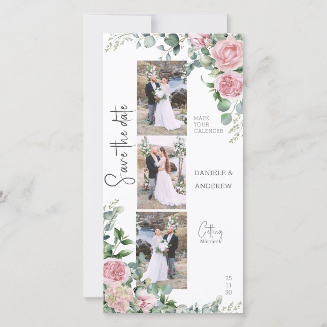 Save The Date Pétales Chics Rose Rose Eucalyptus Bande Photo (Devant)