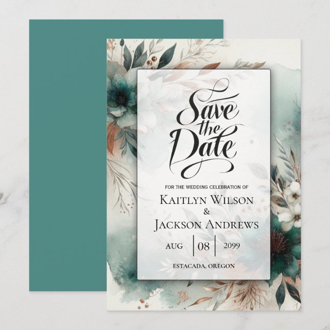Save The Date Pétales turquoises en Mariage de fleurs de bronze (Devant / Derrière)