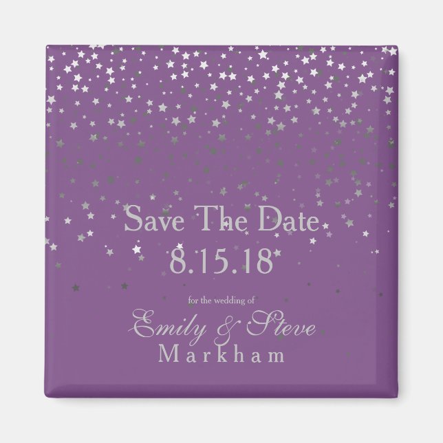 Save the Date Petite Silver Stars Magnet-Lila Magnet (Vorne)