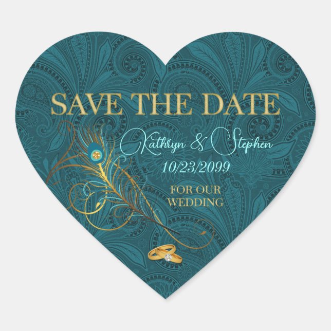 Save the Date Pfau-Hochzeits-Herz Herz-Aufkleber (Vorderseite)