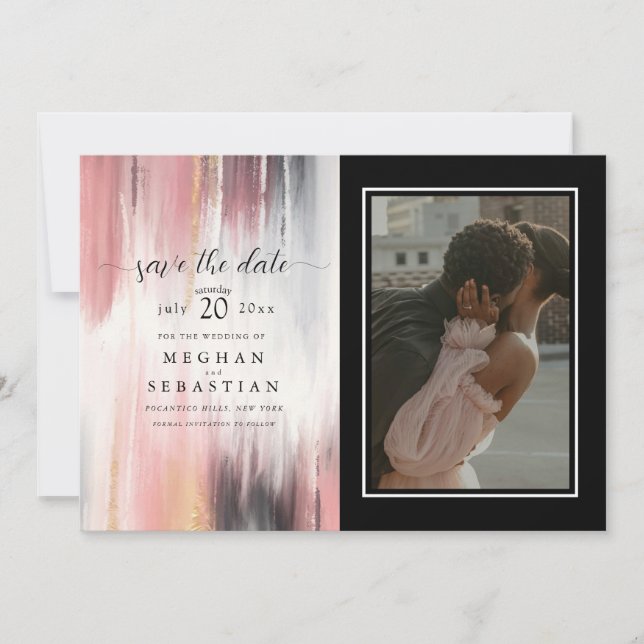Save The Date Photo Abstrait Brush Strokes Blush Gold Charcoal (Devant)