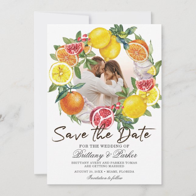 Save The Date Photo agrumes Aquarelle Mariage botanique (Devant)